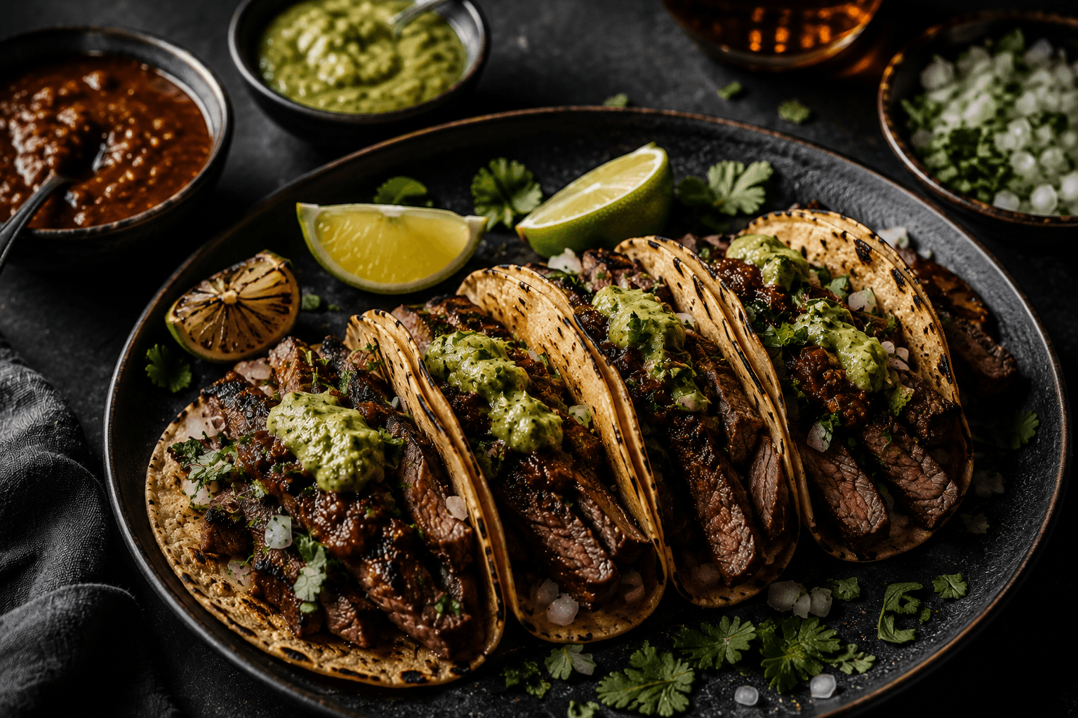 Charred steak tacos with dark morita salsa, avocado salsa verde, onion and cilantro