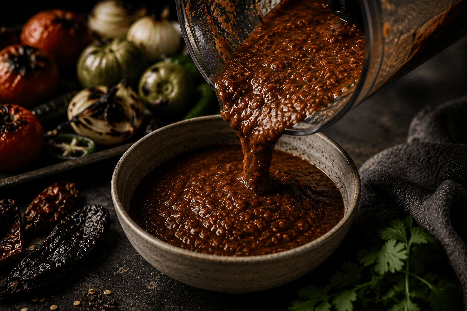 Thick smoky morita salsa poured into a bowl beside charred tomatoes, tomatillos and dried chillies