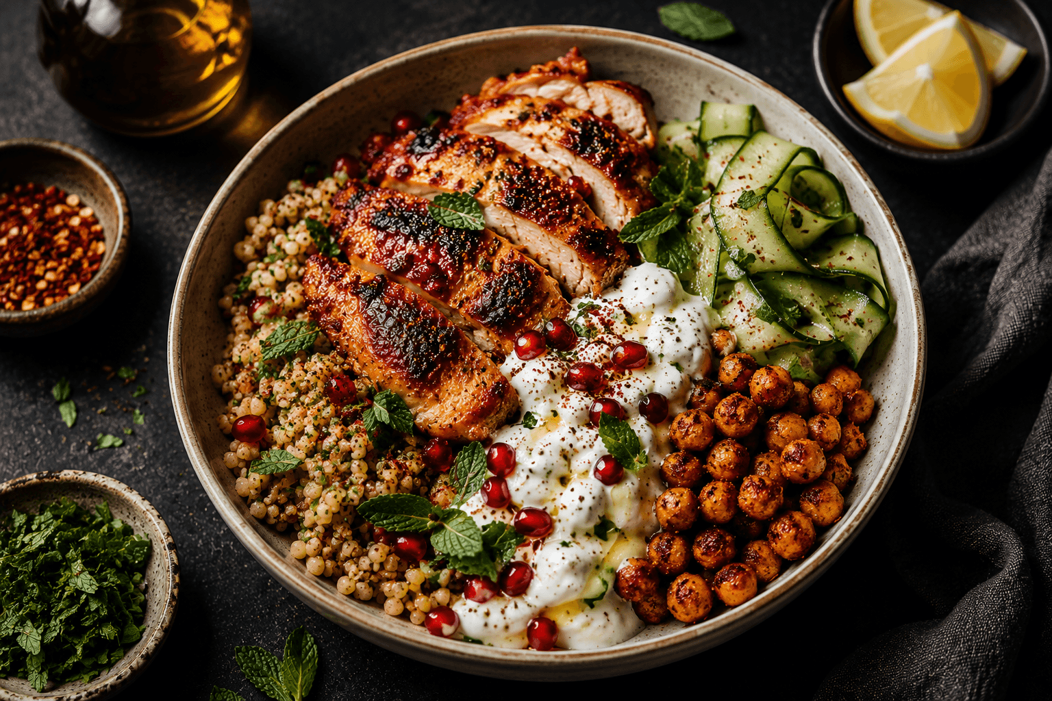 Charred sliced chicken with herbed grains, cucumber ribbons, crisp chickpeas and yogurt